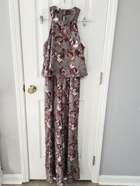 Altar'd State Grey Floral Halter Jumpsuit with Mauve and Cream Blooms Small